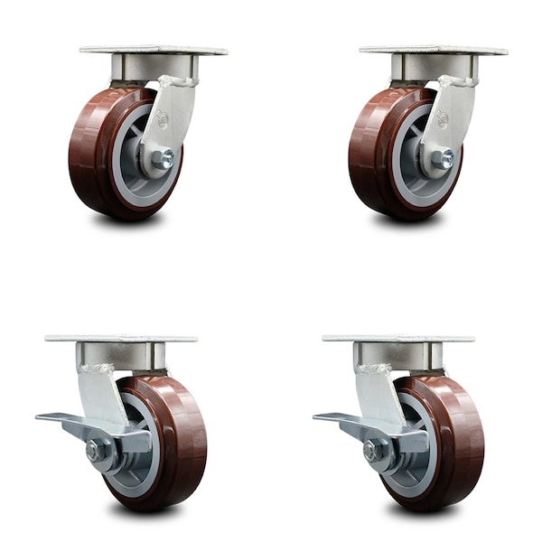 5 Inch Kingpinless Poly on Polyolefin Wheel Swivel Caster Set with 2 Brakes SCC